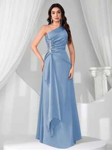 Coutiva 全新时尚优雅合身不对称领口无袖鸡尾酒会礼服 - 淺藍色 - 查看 6