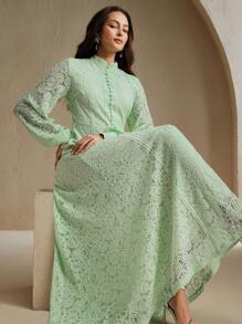 Anewsta Women's Long Sleeve Lace Burgundy Dress Maxi Women Outfit - Green - View 7