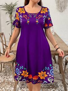 EMERY ROSE Robe décontractée à ligne évasée à col rond et manches courtes avec imprimé floral pour femmes de grande taille en vacances