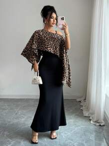 Elenzga 女士豹纹肩部裹身连衣裙套装，搭配罗纹吊带裙，优雅两件套 - 黑色 - 查看 1