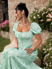 Firerie 女式新款蓝白花朵性感方领泡泡袖花卉印花前系带连衣裙，波西米亚风连衣裙，适合情人节、音乐会、表演、约会、派对、庆典、婚礼季节、性感、优雅、通勤、返校、度假、海滩、浪漫 - 綠色 - 查看 3