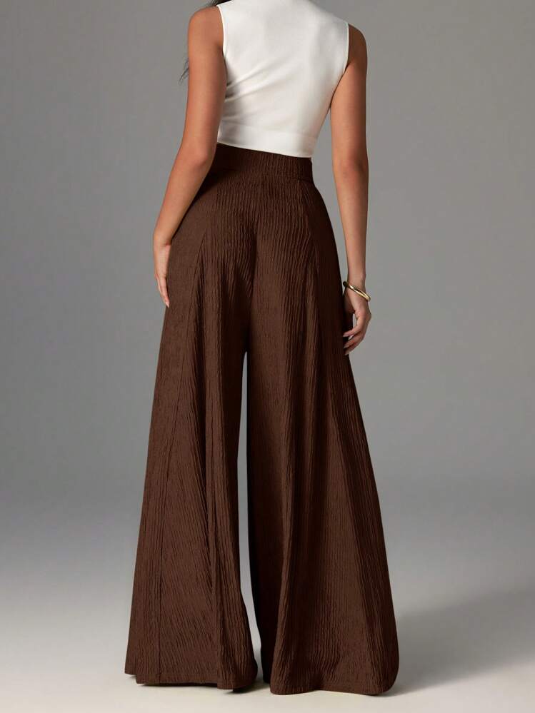 Firerie Pantalon large texturé à taille haute élégant et décontracté pour femmes, pantalon de plage, d'aéroport, d'automne - Marron - Voir 2