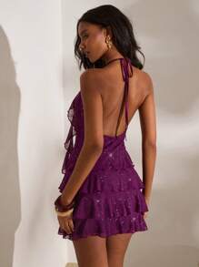 Opulessa 女式纯色针织露背无袖荷叶边下摆迷你连衣裙 - 綠色 - 查看 4