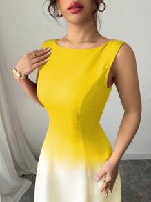 Elenzga 女士优雅红色渐变色无袖腰部褶皱裙摆设计连衣裙 - 黃色 - 查看 5