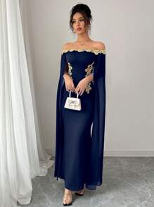 Rafferiza Váy maxi đuôi cá bó sát, ren vàng hở vai gợi cảm thanh lịch, đa năng, eo hở, đính hoa vàng, màu đen, dành cho nữ mùa xuân/hè - Màu xanh hải quân - Xem 6