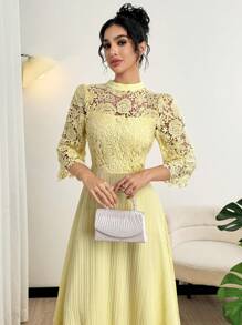 Modelyn Yellow Eyelet Embroidery Patchwork Maxi Long Sleeve Dress For Women - Yellow - View 6