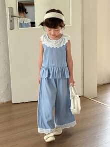 SHEIN Conjunto de top sin mangas con cuello de volantes y pantalones largos estilo princesa coreano y japonés para niñas jóvenes - Azul y blanco - Ver 4