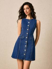 Poéselle 女式夏季圆领单排扣无袖休闲牛仔连衣裙