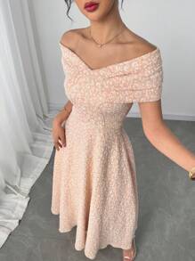 Modelyn Women's Floral Jacquard Off Shoulder Long Fitted Elegant Dress