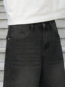 Claim Dot 男士纯色复古休闲宽松牛仔短裤，夏季 - 黑色 - 查看 7