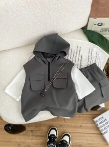 3 PiecesBoys Casual Vest, Short Sleeve T-Shirt And Shorts Set, Suitable For Commuting, School, Leisure, Travel, Sports, Spring/Summer/Autumn/Winter Seasons Boys Casual Outfit Set Boys Hooded Vest Outfit Boys 3 Piece Set Toddler Boy Clothes - Grey - View 5
