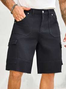 Manfinity Homme 男士实用口袋阔腿百慕大休闲牛仔短裤 - 黑色 - 查看 3