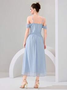 Poshira Damen Off-Shoulder Partykleid Einfarbig mit schlanker Taille im französischen Stil - Blau - Übersicht 2