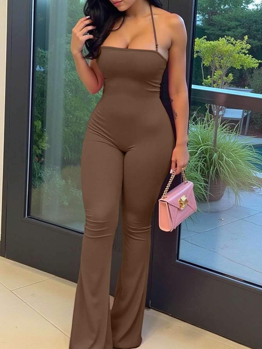INAWLY Women's Sexy Solid Color Backless Halter Bodycon Jumpsuit, Summer - Khaki - View 1