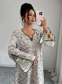 Yasmyna 女式梭织印花圆领撞色面料袖口和下摆宽松连衣裙 - 彩色 - 查看 1