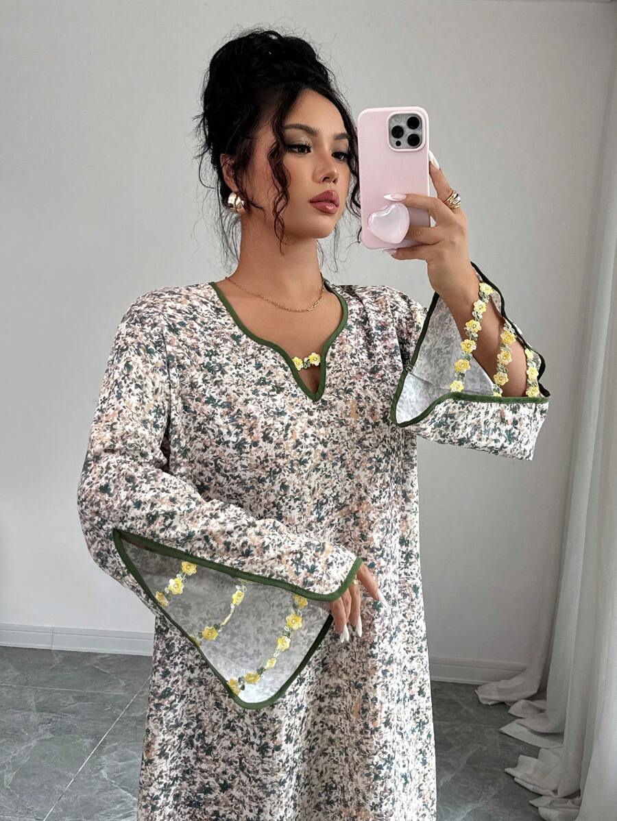 Yasmyna 女式梭织印花圆领撞色面料袖口和下摆宽松连衣裙 - 彩色 - 查看 1