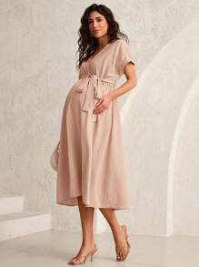 MaterniWear Đầm bầu tay ngắn màu trơn đơn giản - Màu Khaki - Xem 4