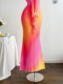 Soleia 女士度假针织网眼渐变色浪漫修身挂脖系带金属扣装饰鱼尾长裙，适合派对、约会、下午茶，性感优雅 - 彩色 - 查看 5