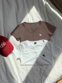 Comfortcana 2pcs/Set Summer Solid Henley Neck Embroidered Slim Fit Short Sleeve T-Shirt