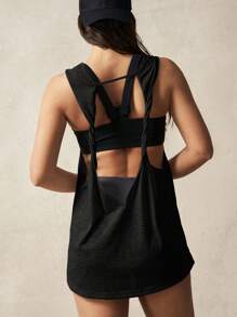 VARSIVA V-Neck Short Sleeve Hollow Back Loose T-Shirt - Black - View 5