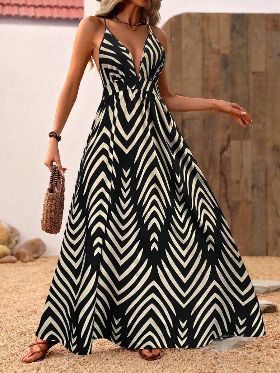 Breezaya Casual Vacation Style Camisole Dress, Deep V-Neck Highlights Charming Collarbones, Large Backless Design Exudes Sexiness, Flowing Big Hem Adds Agility, Eye-Catching Style For Summer Outings - Black - View 1