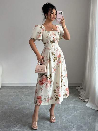 Elenzga Women's Floral Print Square Neck Flutter Sleeve Elegant Dress For Vacation