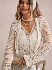 SHEIN VCAY Plus Size Crochet Floral Loose Thin Sheer Short Cover Up In Fall/Winter - Khaki - View 6