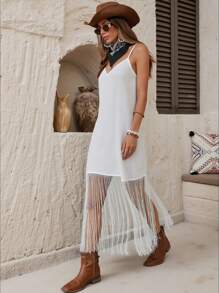 SHEIN LUNE Women's Vacation Casual Fringed Hem Spaghetti Strap Dress - White - View 6