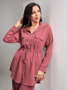 Graceveil 翻盖口袋抽绳腰衬衫和阔腿裤两件套 - 乾枯玫瑰色 - 查看 3