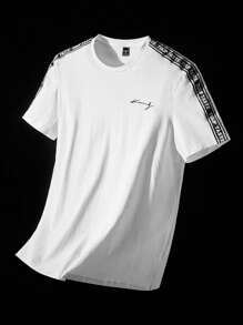 NEON BLANC Maglietta da uomo in cotone con grafica a lettere e nastro a contrasto, adatta per l'estate, stile urban