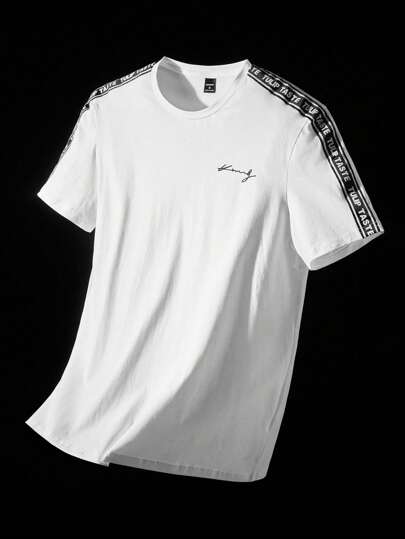 NEON BLANC Men Cotton Letter Graphic Contrast Tape Tee, Summer, Streetwear