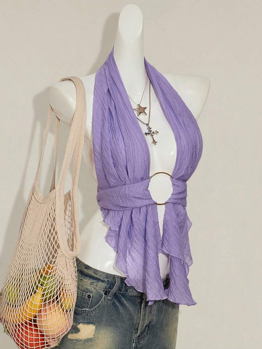 SHEIN ICON Áo kiểu vintage lãng mạn cổ chữ V sâu, hở lưng, chất liệu lưới xuyên thấu, thích hợp cho các bữa tiệc và kỳ nghỉ. - Màu tím hoa cà - Xem 1