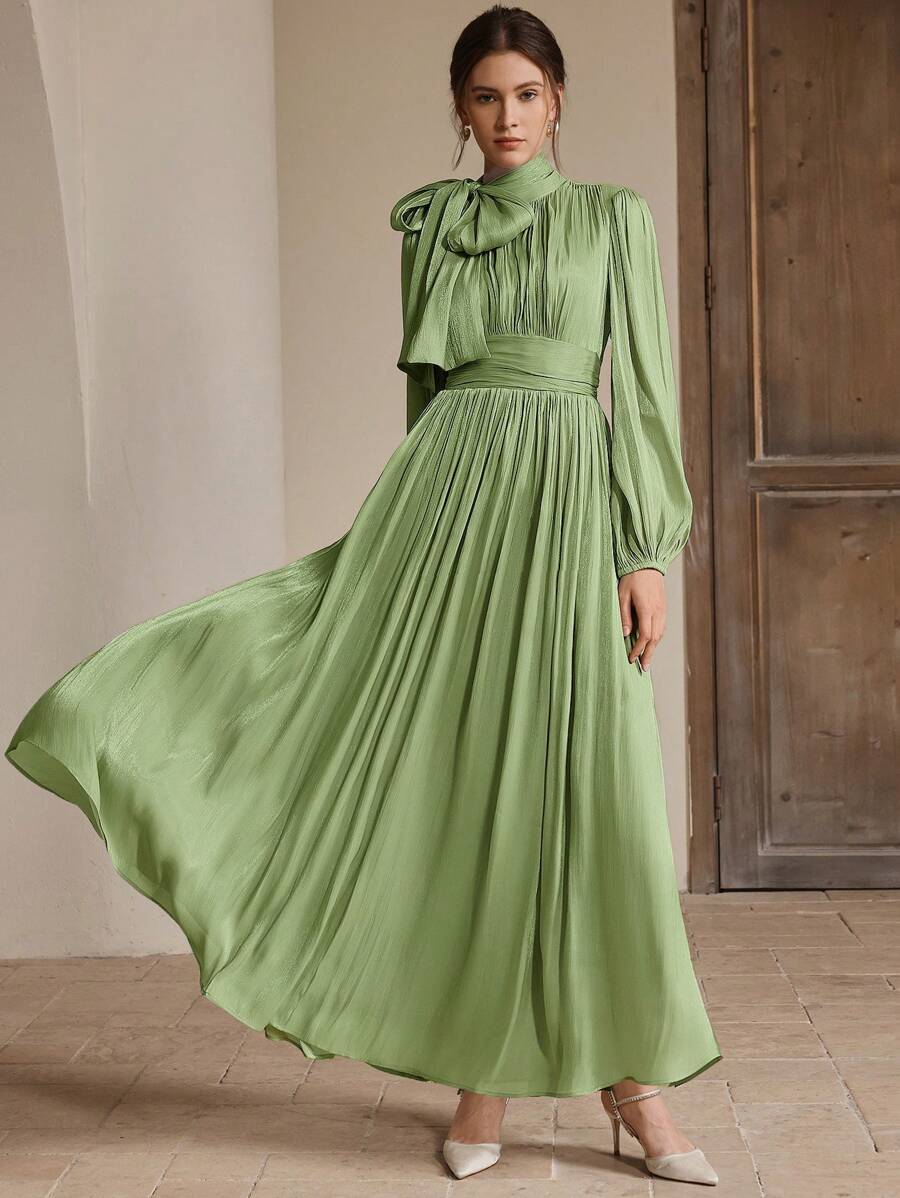 Anewsta Váy dài xếp ly màu xám-xanh lá cây sáng bóng thanh lịch và đa năng cho nữ, Xuân/Thu - màu xanh lá - Xem 1