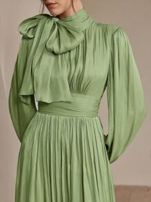 Anewsta Váy dài xếp ly màu xám-xanh lá cây sáng bóng thanh lịch và đa năng cho nữ, Xuân/Thu - màu xanh lá - Xem 4