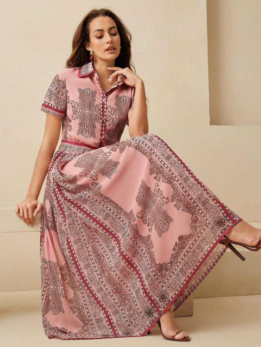 Anewsta New Spring/Summer Resort Style Print Chiffon Short Sleeve Waist Tie Collar Shirt Dress For Women