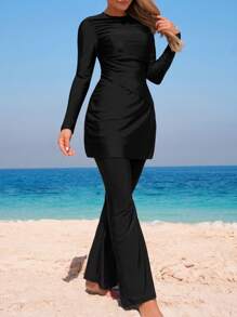 Swim Mulvari Swim Shayni Women 2 Pieces Set - Crew Neck Long Sleeve Top & Form-Fitting Long Pants Conservative Holiday Outfit For Summer Beach Vacation