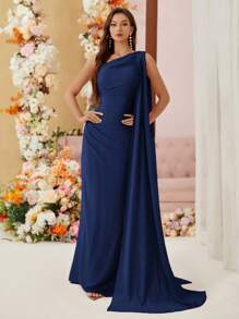 SHEIN Belle Chiffon Batwing Asymmetric Bridesmaid Dress (For Adults) - Navy Blue - View 7