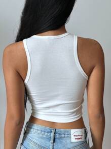 SHEIN EZwear Casual Minimalist Fresh Lemon Flower Pattern Round Neck Bodycon Tank Top, Suitable For Summer, Back To School, Spring Break, Girls Trip, Beachwear, Natural Women Tank Tops Lemon Tank Top Graphic Tank Tops Summer Tank Tops White Tank Top - White - View 2