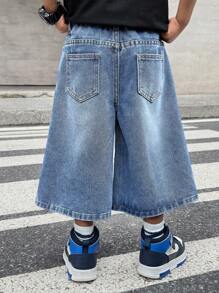 SHEIN 男童时尚休闲柔软简约做旧水洗猫须宽松宽松牛仔七分裤，适合儿童夏秋季日常穿着和街头服饰 - 中等水洗藍 - 查看 2