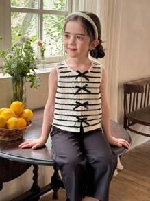 LMoss Kids LMoss  Young Girl Knit Striped Bow Embellished Fitted Camisole Girls Striped Top Kids Sleeveless Top Bow Top For Girls Cute Summer Top For Kids Girls Knitted Top Girls Sleeveless Top Kids Summer Top Striped Top For Girls Knitted Top For Girls