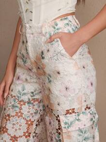 Savoree 春夏梦幻碎花镂空图案设计时尚直筒阔腿裤 - 杏色 - 查看 5