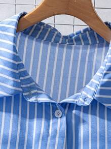 SHEIN LUNE Áo sơ mi dài tay đèn lồng trang trí kim loại cho nữ, thanh lịch và thời trang - Xanh và trắng - Xem 4