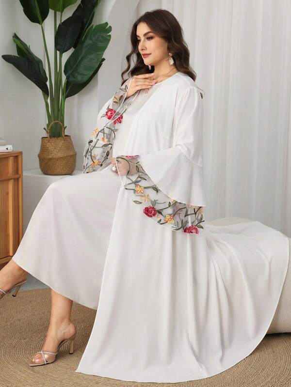 Al Najma Abaya elegante y modesta para mujer de talla grande con mangas acampanadas y bordado, apropiada para primavera/verano