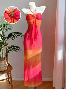 Comfortcana 女式无袖露背渐变色修身连衣裙，夏季 - 玫紅色 - 查看 1