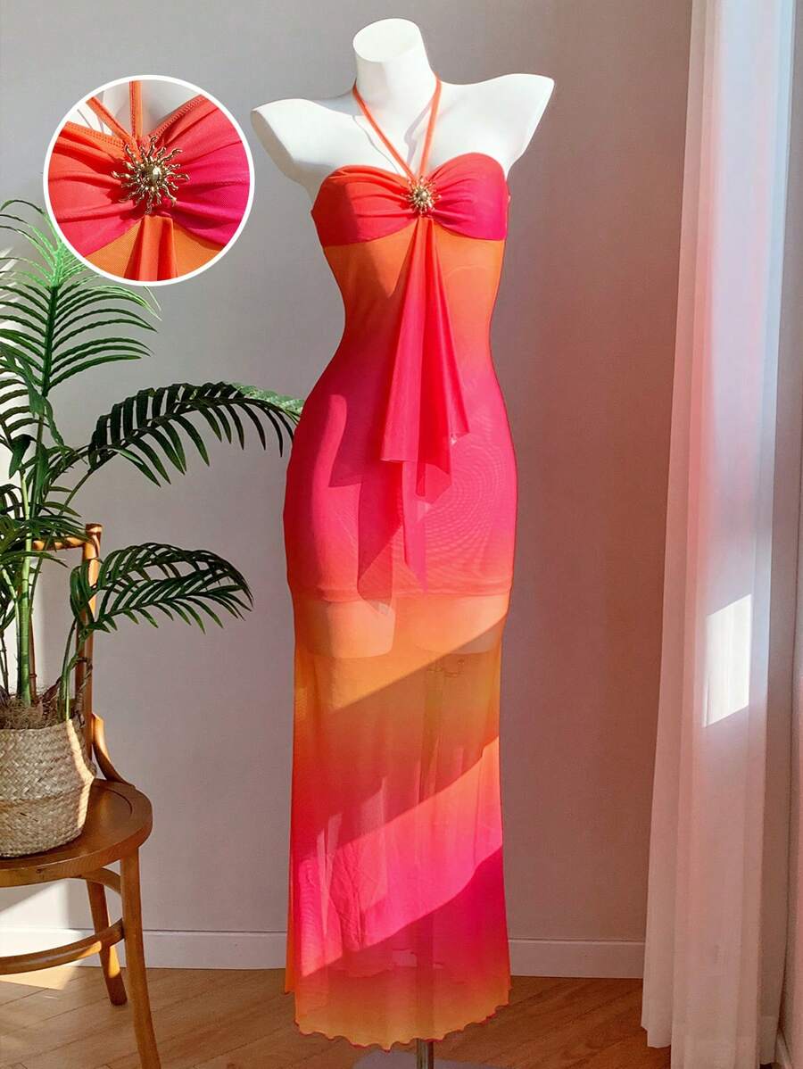 Comfortcana 女式无袖露背渐变色修身连衣裙，夏季 - 玫紅色 - 查看 1