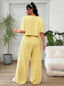 Solflare 女式加大码休闲黄色T恤和抽绳腰长裤两件套 - 黃色 - 查看 3