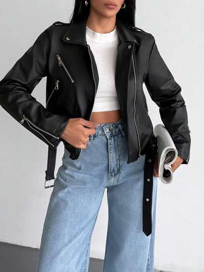 EURMUSE Woman Leather Zip Slit Detailed Long Sleeve Asymmetric Zip Up Front Zip Up Pockets Autumn Winter Lady Casual Coat Jacket