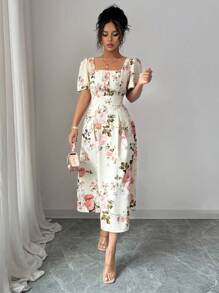 Elenzga Vestido elegante de mujer con estampado floral, cuello cuadrado y mangas de vuelo ideal para vacaciones - Albaricoque - Ver 6