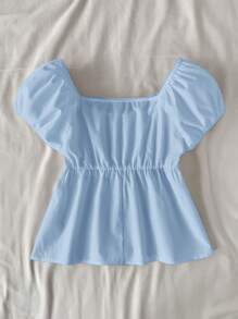 SHEIN Teen Girl Blue Square Neck A-Line Ruffle Trim Blouse, Cute & Sweet Style, Cropped Shirt Suitable For Preppy, Sweet, Casual Daily Wear Babydoll Top Girls Babydoll Top Baby Doll Top For Tweens Summer Babydoll Tops Tween Girl Summer Tops