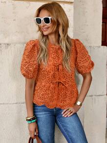 Solivie 女式系带泡泡袖刺绣衬衫，情人节夏季优雅度假装，欧洲 Y2K 乡村俱乐部性感教师上衣 - 橘色 - 查看 5